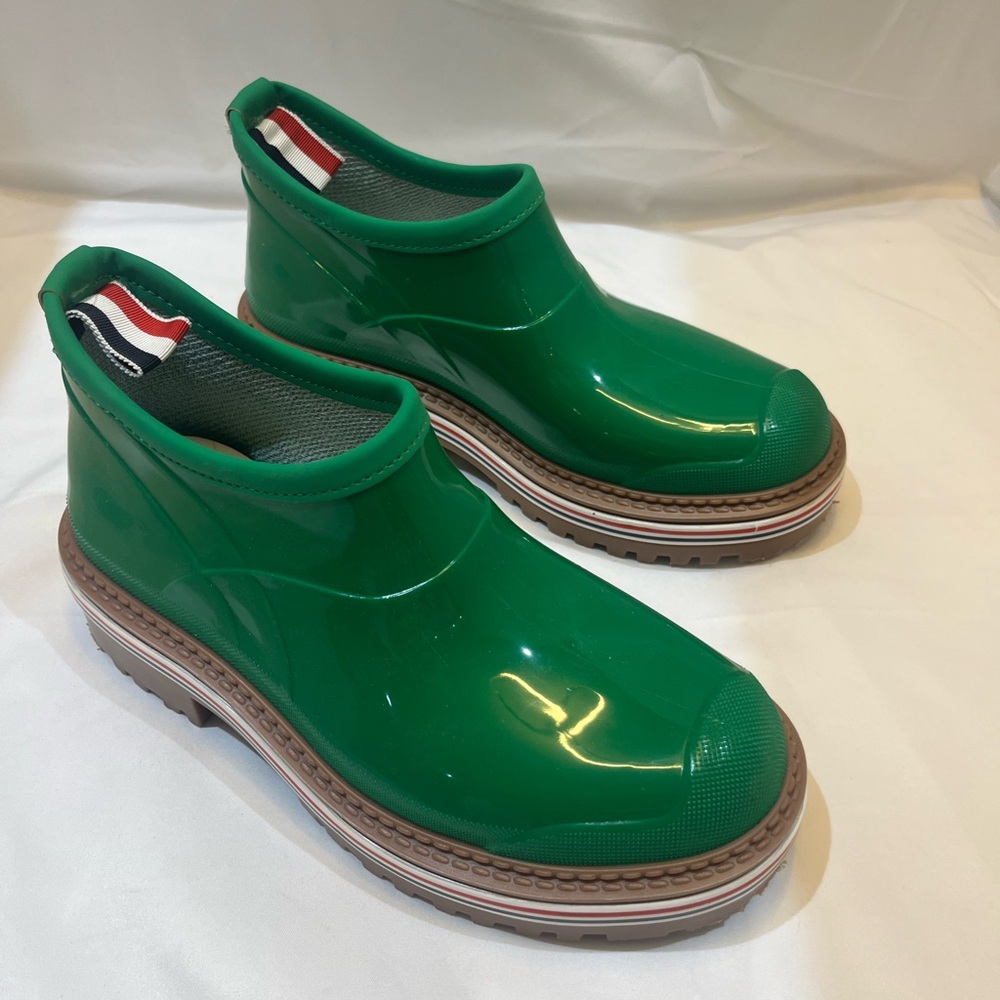Thom Browne Green Patent Rubber Ankle Rain Boots with Tricolor Heel Tab